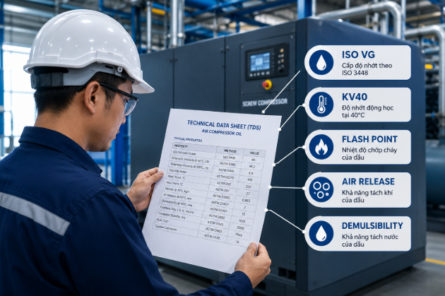 Cách đọc TDS dầu máy nén khí với các thông số kỹ thuật quan trọng như ISO VG, KV40, Flash Point, Air Release và Demulsibility.