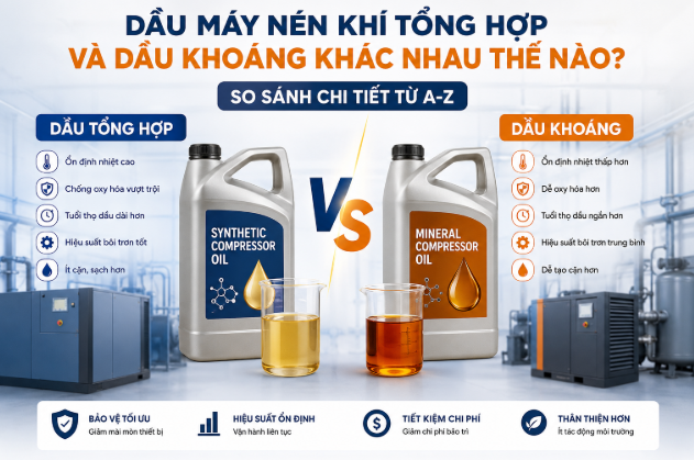 So sánh dầu máy nén khí tổng hợp và dầu khoáng về khả năng chịu nhiệt, tuổi thọ, hiệu suất bôi trơn và chi phí sử dụng.