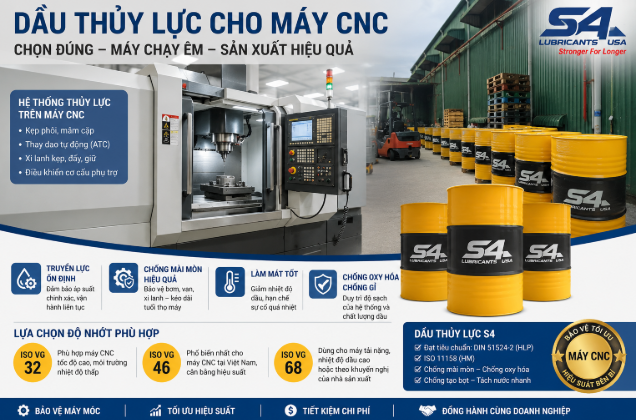 Máy CNC dùng dầu thủy lực S4 ISO VG 32, VG 46 và VG 68 cho hệ thống thủy lực công nghiệp