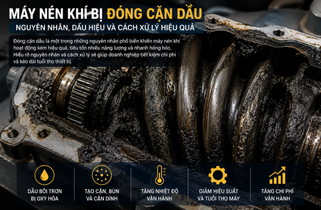 Máy nén khí bị đóng cặn dầu do dầu bị oxy hóa, tạo bùn dầu và cặn carbon trong Air End.Picture